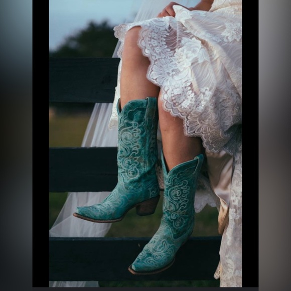 💎PECOS BILL Turquoise Leather Western Cowgirl Boots Embroidery Crosses 8.5 - Picture 16 of 16